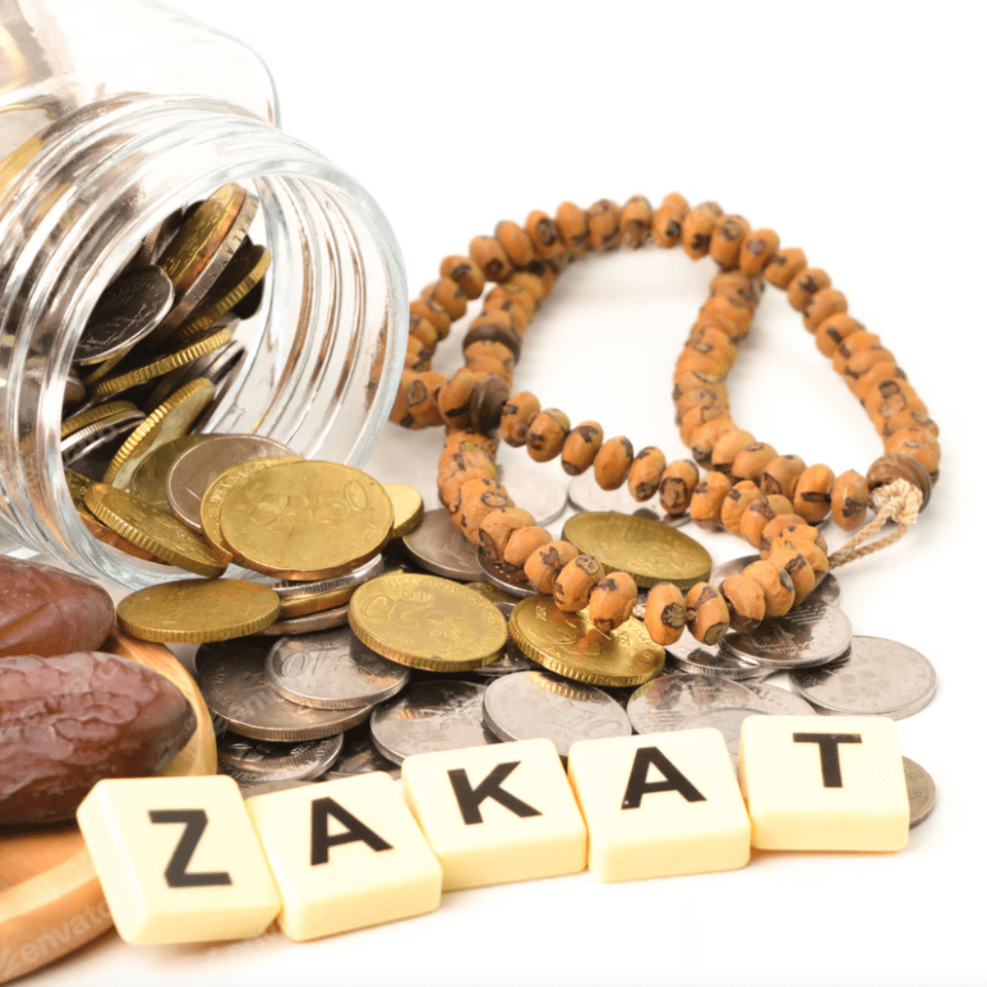 Objetos destinados al Zakat representando la caridad obligatoria en el Islam