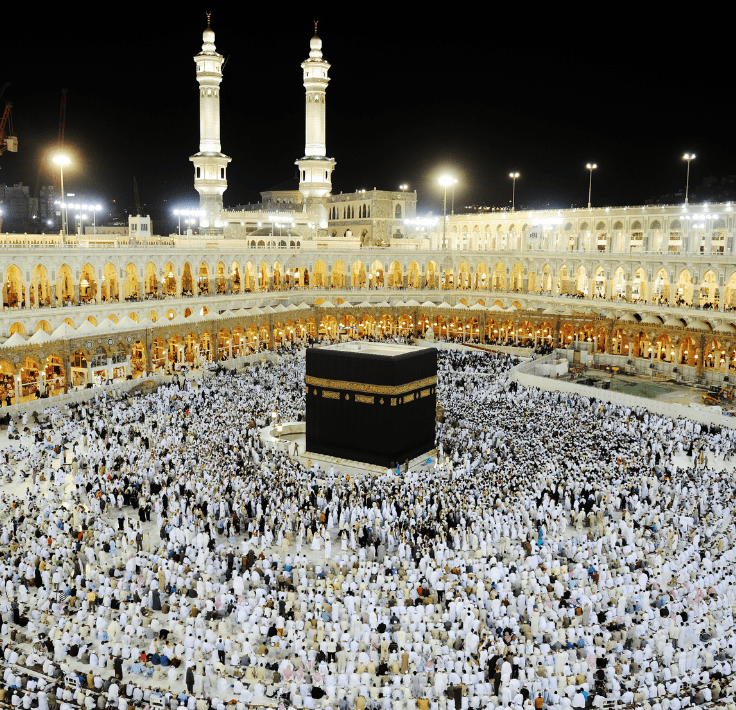 Peregrinos alrededor de la Kaaba en La Meca representando el Salat en comunidad